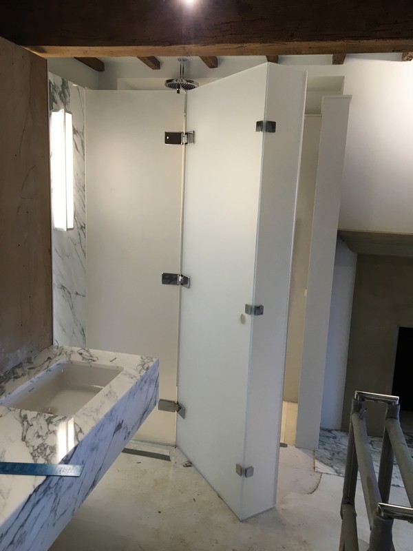 Bespoke frosted glass shower enclosure in Maida Vale luxury bathroom